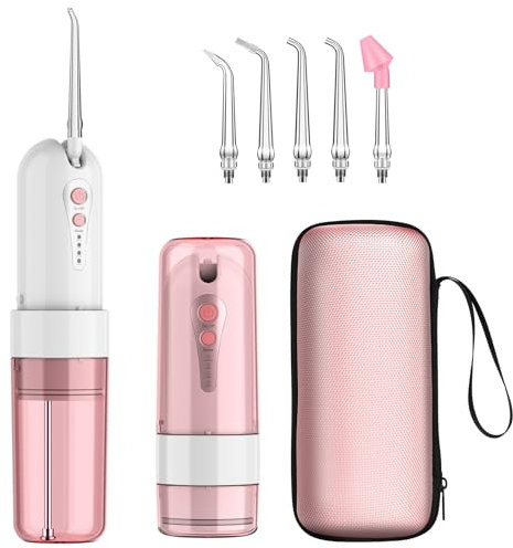 GEEDIAR Munddusche Testsieger Reise, Water Flosser Zahnzwischenraumreiniger mit 5 um Ersatzdüsen, 4 Modi Zahndusche, Mundduschen kabellos, Rosa