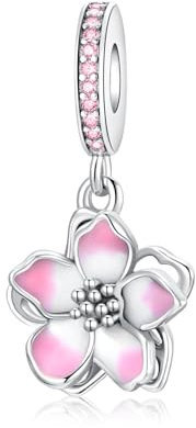 Alstiva Rosa Kirschblüten-Charm-Anhänger 925 Sterling Silber 5A Zirkonia Charm Anhänger für Armband Charm Bead Pendant für Europäische Armbänder Halsketten Schmuck Geschenk für Damen Frauen
