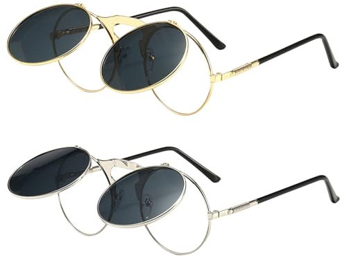 UILYNIU 2 Paar Aufklappbare Steampunk Sonnenbrille, Retro Kleine Runde Brille für Männer Frauen, Hippie Klassische Rave Kostüm Brille Herren Damen Vintage (2PCS)