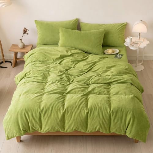 Flanell Bettwäsche 135x200 Grün Salbeigrün Winter Warm Plüsch Kuschelig | Winterbettwäsche Set, Cashmere Touch, Soft Kuschel Fleece, Flauschige Bettbezug und 1 Kissenbezug 80x80 mit Reißverschluss
