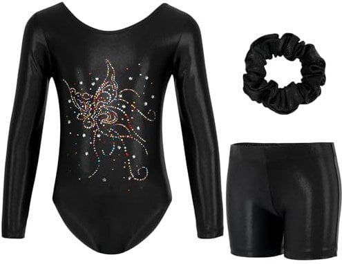 Gogokids Mädchen Dreiteilige Gymnastikanzüge, Langärmliges Gymnastik Set mit Shorts und Haarband, Glitzernde Balletteinheitstrikots - Gymnastik Outfit mit Farbverlaufdesign für 8-9 Jahre