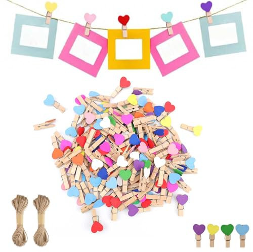 DEANKEJI Pequeñas Pinzas de Madera, 130 Piezas Mini Pinzas de Madera, Color Mini Pinzas de Ropa, Clips de Fotos, con Cordón, Mini Clip, para Tarjetas de Cumpleaños, Fotos, Postales