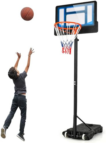 GYMAX Panier de Basket Extérieur pour Enfants, Hauteur Réglable de 90 à 210 CM, Base Stable Remplissable d’Eau ou de Sable, Mobile avec roulettes, Panneau Résistant, Poteau en Métal (Bleu)