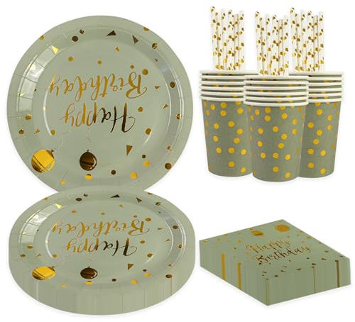BOKFJBP 80 Stück Geburtstag Party Geschirr Set, Salbeigrün Gold Ballon Kinder Wiederverwendbar Liefert Papier Teller Servietten Tassen Strohhalme für Babydusche Hochzeit Deko Junge Mädchen dient 16