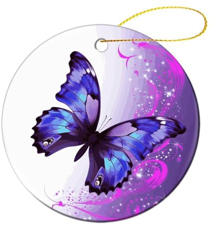 Weihnachtsschmuck, violetter Schmetterling, bedruckt, rund, Keramik, hängende Ornamente, Weihnachtsbaumschmuck, doppelseitig, personalisierbar