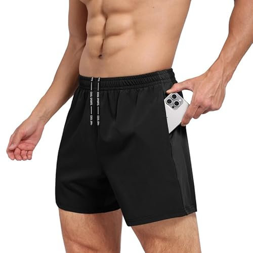 BOOJO Sporthose Herren Kurz Hosen Schnell Trocknend Sport Shorts mit Reißverschlusstasche Leicht Jogginghose Trainingshose(Schwarz,L)