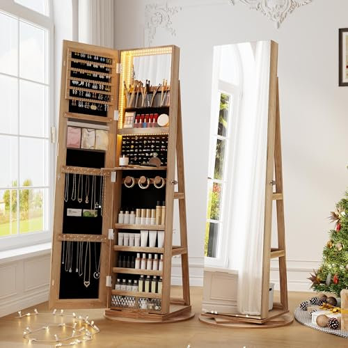 Gurexl LED Schmuckschrank mit Spiegel, Weiß Spiegelschrank Beleuchtung, abschließbar, 360 Grad drehbar, mit mehreren Fächern