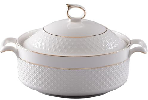 MOUNTTU Soup Tureen Ceramic, 1.5L White Serving Bowls with Gold Border Double Handle Soup Tureen with Lid and Ladle Set for Pasta
