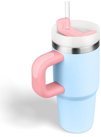 Vaso para niños de 14 oz con asa y paja, vaso para niños con tapa y paja, vaso infantil de acero inoxidable 304, para deportes escolares al aire libre (rosa azul)