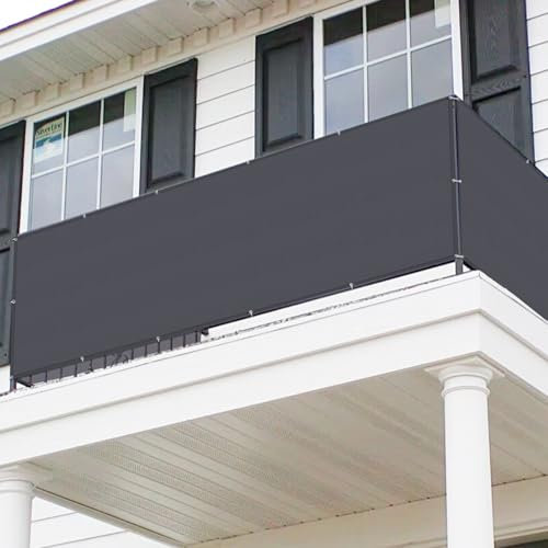 BTTO Balcony Privacy Screen Thickened with Eyelets 0.9x3m, Balcony Cover Waterproof UV Protection, Pool Railing Covers 230g/m² Fence Screen for Garden, Terrace, Patio, Porch Dark Grey