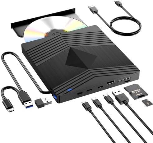 Lettore CD Esterno per PC Portatile, USB 3.0 Masterizzatore DVD Esterno con Lettore di Schede TF/SD, Lettore DVD Esterno Unità CD/DVD Esterna per PC Laptop Mac Windows 11/10/8.1/7/XP/Vista Linux