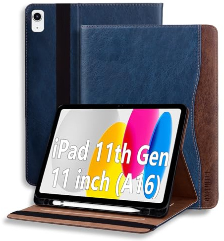 ONETHEFUL Case for iPad 11th Generation 11 Inch 2025(A16)/iPad 10th Generation 10.9 Inch 2022, Premium Leather Business Cover, Multi-Angle Stand & Pencil Holder Blue