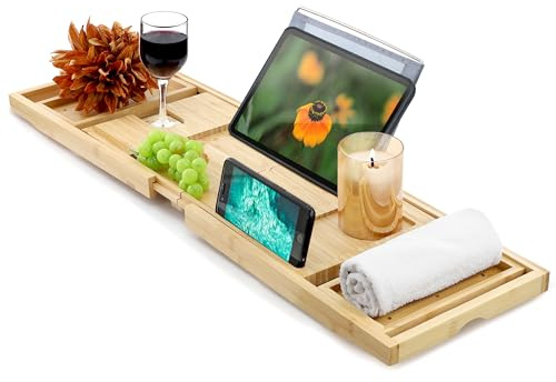 Elama Erweiterbares Bambus-Badetablett, Verstellbarer Badewannen-Caddy mit Buch- und Tablet-Halter, Weinglasschlitz und Spa-Zubehörfächern