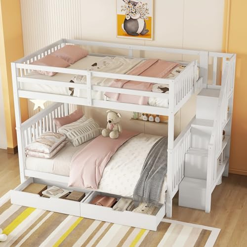boorbin 140 * 200cm Etagenbett, Treppenregal, ausgestattet mit Zwei Schubladen, hohe Geländer, EN747-1 Zertifiziert (Weiß-1)