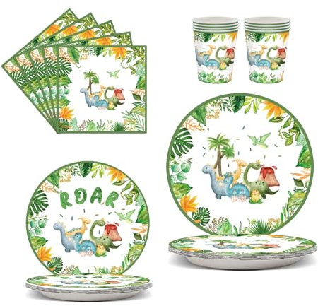 JSRHEEM Set di stoviglie per feste a forma di dinosauro, 50 pezzi, piatti e bicchieri con tovaglioli, adatti per 10 persone, decorazione per feste di compleanno dinosauro (Dinosaur)