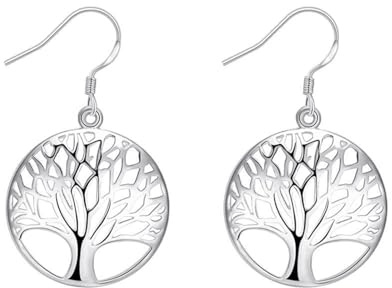 Grewod Pendientes Fiesta Mujer Oro Blanco 14K Árbol de la Vida Joyería Pendientes Largos Hipoalergenicos
