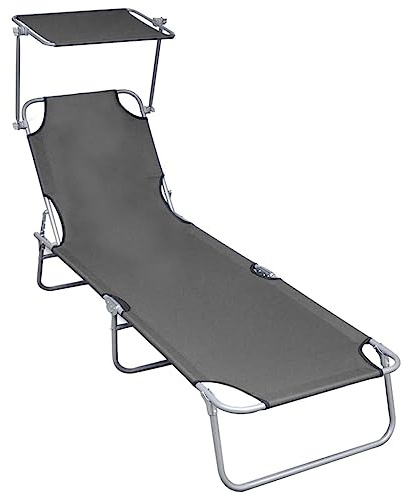 HaoChrymec Klappliege mit Sonnendach aus Aluminium, Verstellbare Rückenlehne, Faltbares Design, Liegestuhl Garten, Sonnenliege Wetterfest, Camping Liegestuhl, Grau, 188.5 x 57.5 x 27 cm