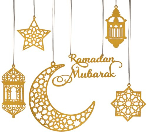 PENLOOP 6 Stück Ramadan Anhänger Ornament, Acryl Ramadan Kareem Dekoration, Akryl Ramadan Eid Mubarak Deko, Windlicht, Mond, Sternform, Ramadan-Dekor zum Aufhängen an Wänden, Fenstern, Bäumen