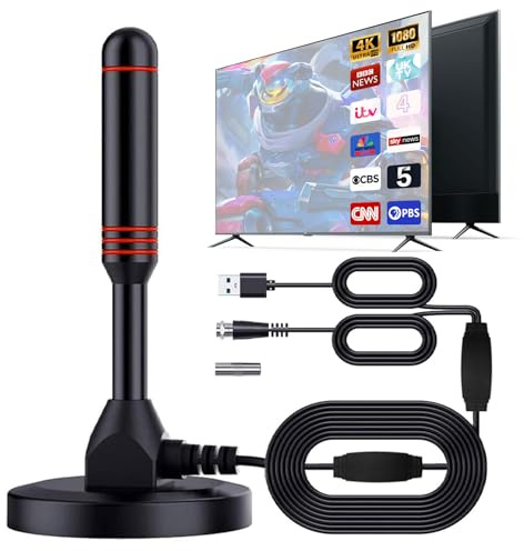 HDTV Aerial - Indoor TV Aerial for Smart TV with Signal Booster - Digital TV Aerial for Freeview TV 600 Miles Long Range Support 4K 1080P -With Magnetic Base / 16.5FT Coax Cable