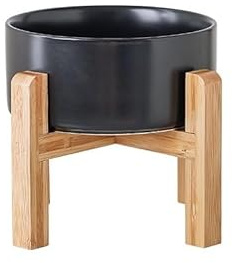 PWRco Elevated Cat Bowls SMALL 13cm 395ml– Raised Ceramic Puppy Cat Bowl with Non-Slip Bamboo Stand Single Twin Food Water Feeding Station Anti Vomit Dishwasher Safe Black White Grey (Single/Black)
