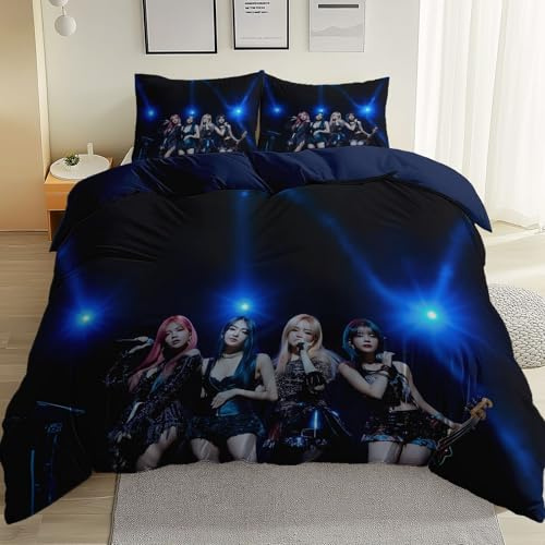 Kuschelige Bettwäsche Set mit Druck - Weiches und Atmungsaktives Bettbezug Set Bühne Konzert Girlgroup K-Pop - Königsblau Schwarz - 135 x 200 cm - Ideal für Kinder und - Hochwertige Mikrofaser