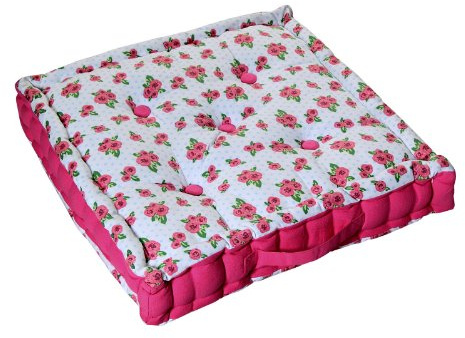 HOMESCAPES - Roses & Dots - 100% Cotton - Large Floor Cushion - Pink Green White Floral - 50 x 50 x 10 cm Square - Indoor - Garden - Dining Chair Booster - Seat Pad Cushion.