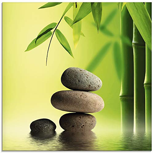 ARTland Wanddeko Glasbilder Wandbild Glas Bild einteilig Quadratisch Asien Wellness Zen Steine Spa Blätter Entspannung Bambus Grün T9PN