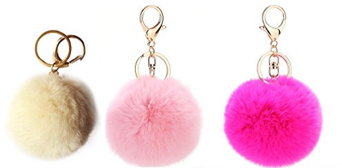 NOVAGO Lot de 3 Pompons Porte Clé Bijou de Sac à Main en véritable Poil de Lapin, Toucher Doux Garanti (crème, Fuschia, Rose)