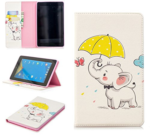 LMFULM® Case for Amazon Fire 7 2015/2017 (7.0 Inch) PU Leather Case Elephant Umbrella Pattern Stent Function Holster Flip Cover for Amazon Fire 7 Tablet PC