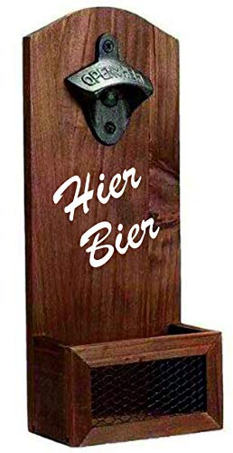 Wand - Flaschenöffner aus Holz mit Auffangbehälter | Spruch: Hier Bier | Vatertag Geschenkidee | Bier Öffner für Bar Partykeller | Echt Holz im Vintage Look | Geschenk Männergeschenk für Papa Mann