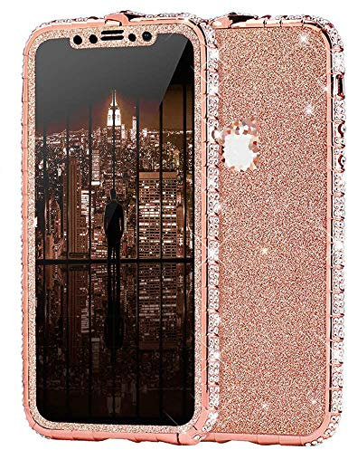 Kompatibel mit iPhone 11 Pro Max Hülle Glitzer Glänzend Kristall Bling Strass Diamant Handyhülle Metall Bumper Case Vorne Hinten Glitzerfolie Skin Schutzhülle Tasche für iPhone 11 Pro Max,Rose Gold