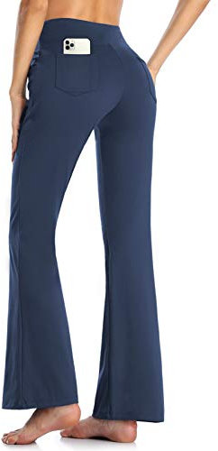 MOVE BEYOND Damen Yogahose Sporthose Bootcut Butterweiche Jogginghose Schlaghose Leggings mit Taschen, Blau, S