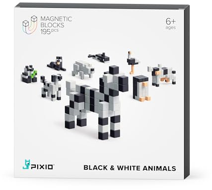 PIXIO Magnetische Würfel – Schwarz-Weiß-Tiere – Magnetische Würfel Bauspielzeug im Pixel-Kunst-Stil – Tierfiguren – Kunst und Handwerk Kinderspielzeug – Bausteine – Lernspielzeug – 195 Stück