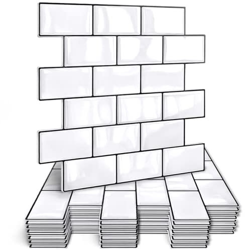 HyFanStr Thickened Self Adhesive Wall Tiles Kitchen Backsplash, Waterproof Stick, 3D Peel and Stick Bathroom Subway Tiles (10, White)