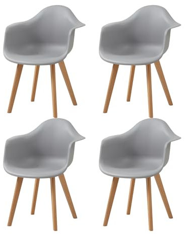 GrandCA HOME Lot de 4 Chaises de Salle à Manger Fauteuils avec Pieds en Bois, Siège en Polypropylène Premuim, Chaises de Cuisine avec Accoudoir pour Salon, Salon Bureau(4, Gris)