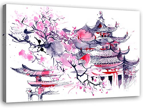 Feeby Impression sur Toile Intissé Cerisier en fleurs Pagode Japon 45x30 cm Image Moderne Tableau Déco Mural Salle De Séjour Asie Est Oriental violet