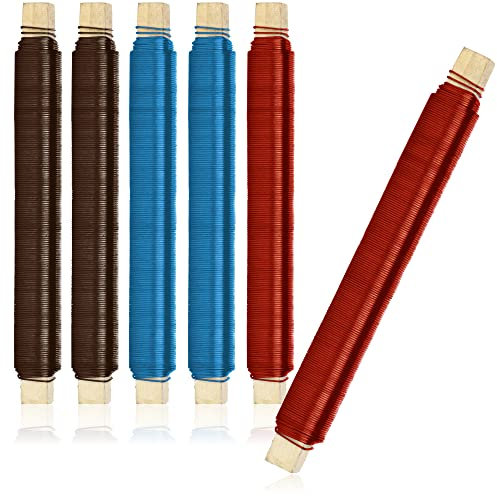 com-four® 6X Blumenwickeldraht-Set, Bindedraht braun, rot und blau lackiert, auf Holzstab gewickelt, 600 g (Farbe - 06 Stück)