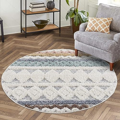 Teppich Hochflor Wohnzimmer - 120x120 cm Rund - Boho-Stil Ethno Creme Multi - Cut-Loop, Hochtief, 3D-Effekt - Shaggy Teppiche Flauschig-Weich Schlafzimmer Langflor
