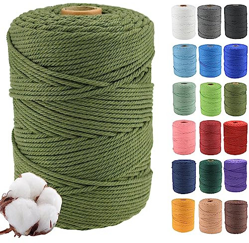 4 mm x 300 m Cordon en Coton macramé Doux, 4 brins torsadés Coton Naturel pour Suspension Murale, Bricolage, Artisanat, Tricot, projets de décoration,Olive Verte