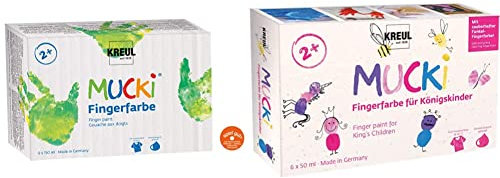 Kreul 2316 - Mucki leuchtkräftige Fingerfarbe, 6x150 ml & 23051 - Mucki Fingerfarbe für Königskinder, 6 x 50 ml in weiß, rosa, pink, lila, blau und gelb, parabenfrei, glutenfrei, laktosefrei und vegan