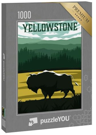 puzzleYOU: Puzzle 1000 Teile „Bisons im Yellowstone-Nationalpark, Vintage Illustration“
