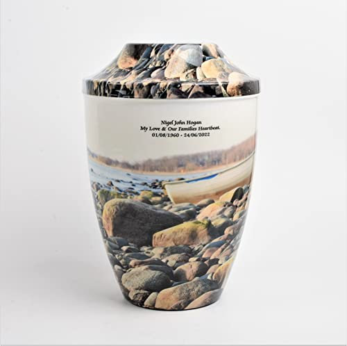 Adult Large Cremation Ashes Funeral Memorial Urn, Iron Metal, Free Personalised Text Engraving, Pebbles on Riverbank Design