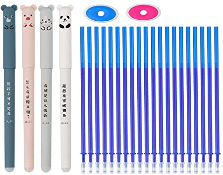 Radierbarer Kugelschreiber Blau, 4 Stück Cartoon Gelschreiber Radierbar, mit 20 Ersatzminen, 0,35 mm, Gel Ink Pen Erasable für Schulsachen, Bürobedarf