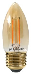 paul russells LED Candle Filament Light – 2.5W 20W Equivalent Replacement, 200LM Lumens, 2200K Extra Warm White, ES E27 Edison Screw C35 Bulbs – Energy Saving Non-Dimmable Lamps - Pack of 1