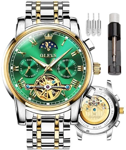OLEVS Reloj Automático de Esqueleto para Hombre, Tourbillon Sin Batería, Acero Inoxidable de Lujo Con Fecha, Mecánico