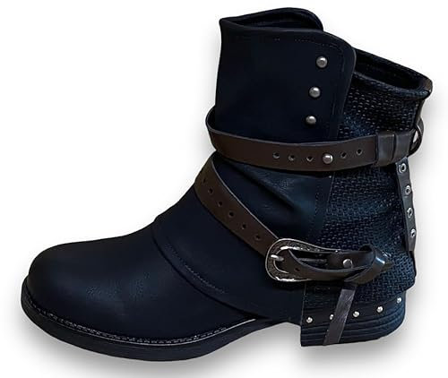 Damen Stiefeletten Biker Boots - Stiefel mit Nieten Blockabsatz - bequeme Herbst Winter Frauen Schuhe Schnallen ST14 Schwarz 40