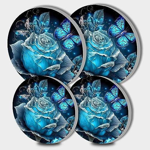 Blue Rose Butterfly Picture Round Hob Covers 4-Piece Stove Plate Cooker Hob Covers for Cookers Top Burner Gas Range Protector Cookware Accessories Cooktop Decorative Decor
