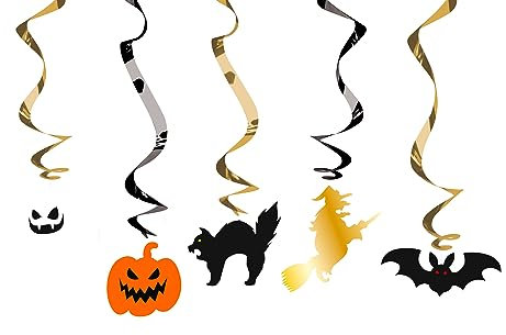 Folat 23861 23861-Happy Booo Dekoration Hängedeko Figuren Geist, Kürbis, Katze, Hexe, Fledermaus Schwarz, Orange, Gold fur Halloween Party Deko Kinder, Mehrfarbig