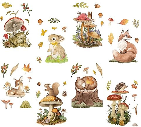 CRASPIRE 8 Blatt Pilz-Fensteraufkleber, Tierkaninchen, Fuchs, Hirsch, Fensteraufkleber, Selbstklebende Wanddekorationsaufkleber Für Schlafzimmer, Wohnzimmer, Fenster, Treppe, Vitrine, Heimdekorationen