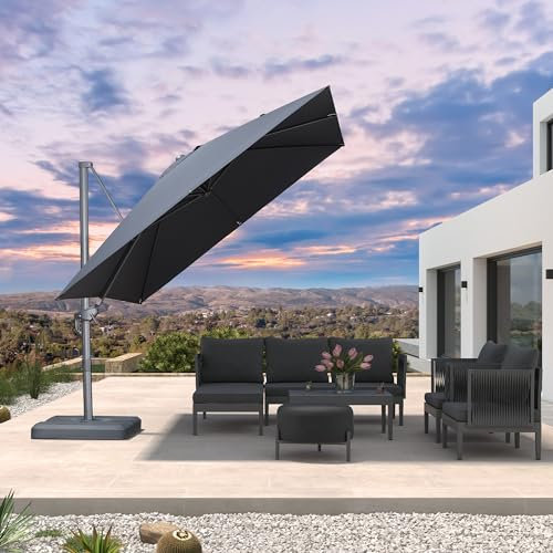 PURPLE LEAF Parasol Déporté 3 × 3 m Carré Toile en Imitation Acrylique avec Protection UPF50+ Parasol de Jardin Extérieur avec Base Croisée, Inclinable dans 6 Positions et Rotation à 360°, Gris foncé